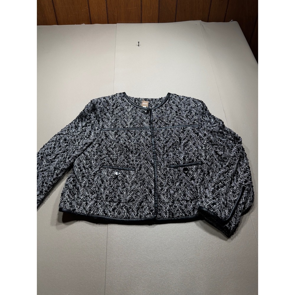 NWT HUGO BOSS Jaoki Black White Chevron Tweed Jacket Faux Leather Trim MSRP:$495